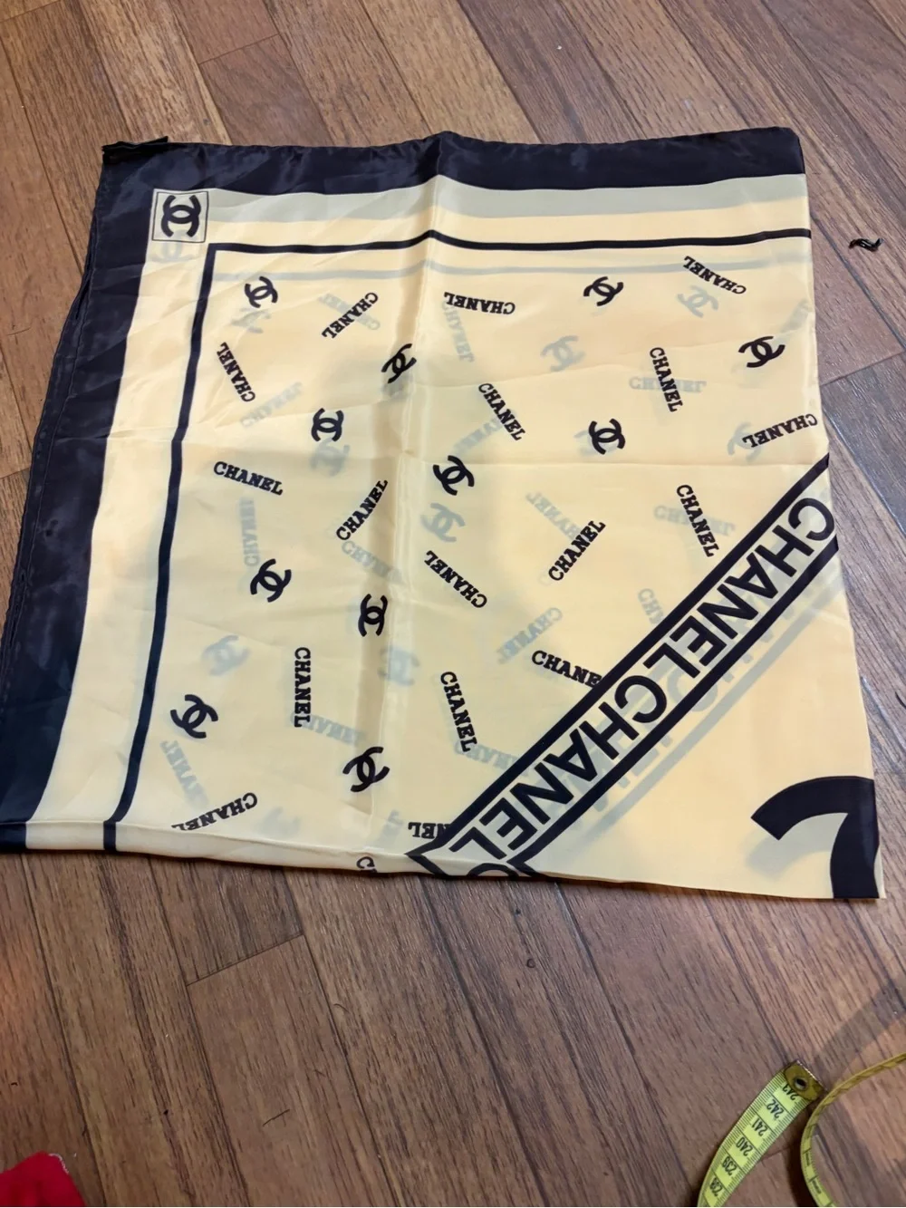 CHANEL Logo Print Scarf Beige Black Vintage Luxury Fashion Accessory